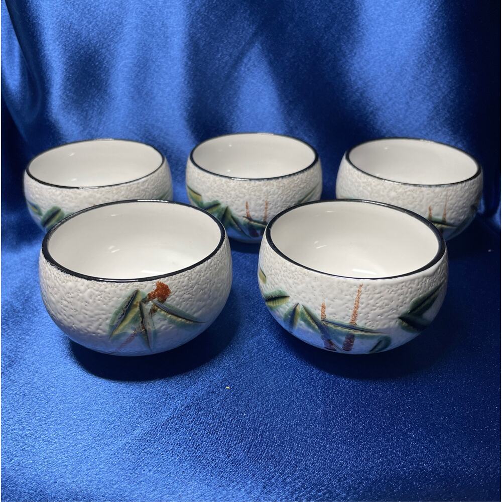Set of 5 Stoneware Cups Bowl Accented with Bamboo Japan